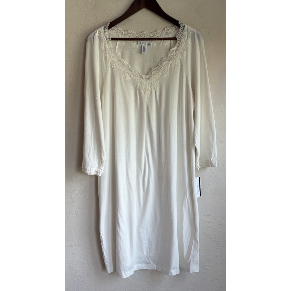 Oscar De La Renta NWT Pima Cotton Lace Nightgown L Sleep Dress Lounge Cream